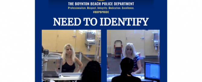 Two photos of a blonde white woman at a bank