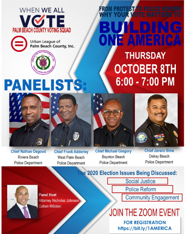 Flyer announcing a Zoom event on Oct 8 2020 at 6pm. Chief Gregory participating in the event.