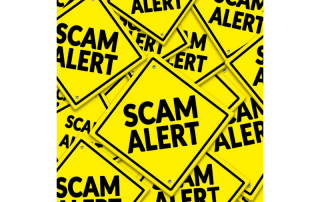 yellow signs that say Scam Alert