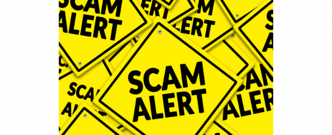 yellow signs that say Scam Alert