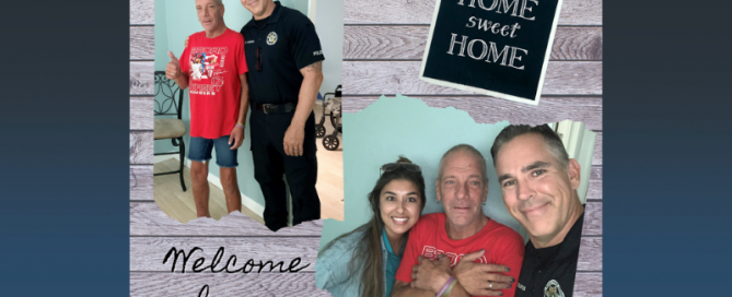 police officer with man and police officer with woman and man with sign that says home sweet home
