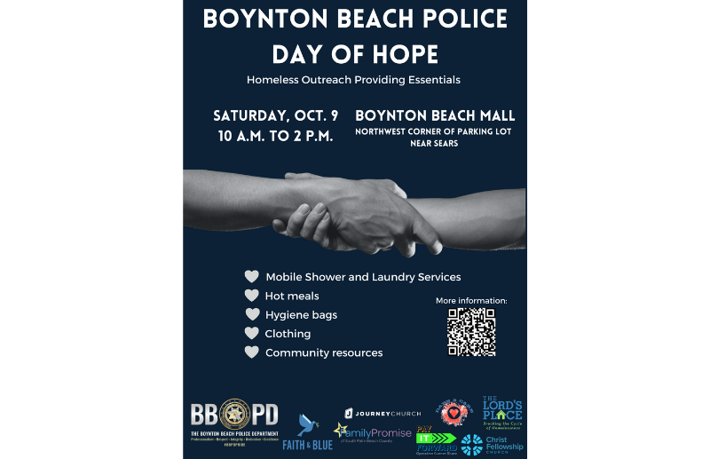 Announcement of homeless outreach event on October 9 from 10 to 2 at Boynton Beach Mall parking lot northwest corner near old Sears. Hot meals, clothing, resources, mobile laundry and shower services. Free event.