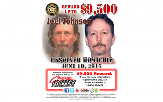 Two photos of Joel Johnson with phone number to crime stoppers of palm beach county and announcement of $9,500 reward for information about his murder on June 18, 2015.