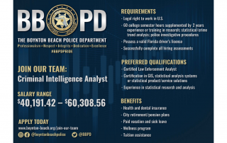 Announcement of job posting for criminal intelligence analyst.