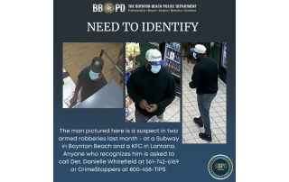 Three photos of a man wearing black shirt hat and mask who is wanted for armed robbery at two restaurants.