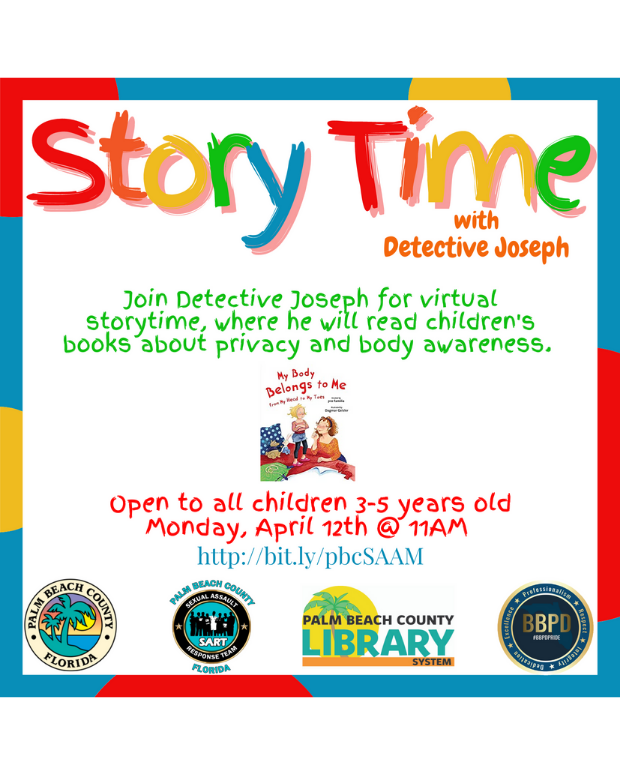 Announcement of virtual story time with Det. Brent Joseph April 12 at 11 am Register here http://bit.ly/pbcSAAM