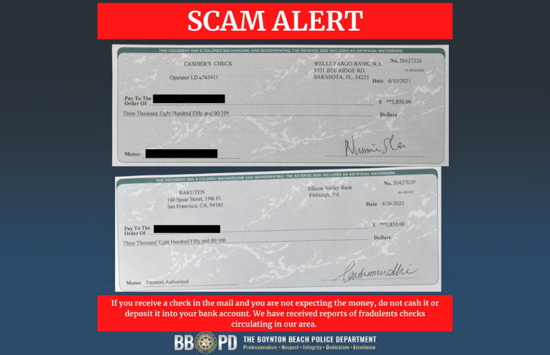 Announcement of fraudulent checks being circulated in area with image of two fake checks