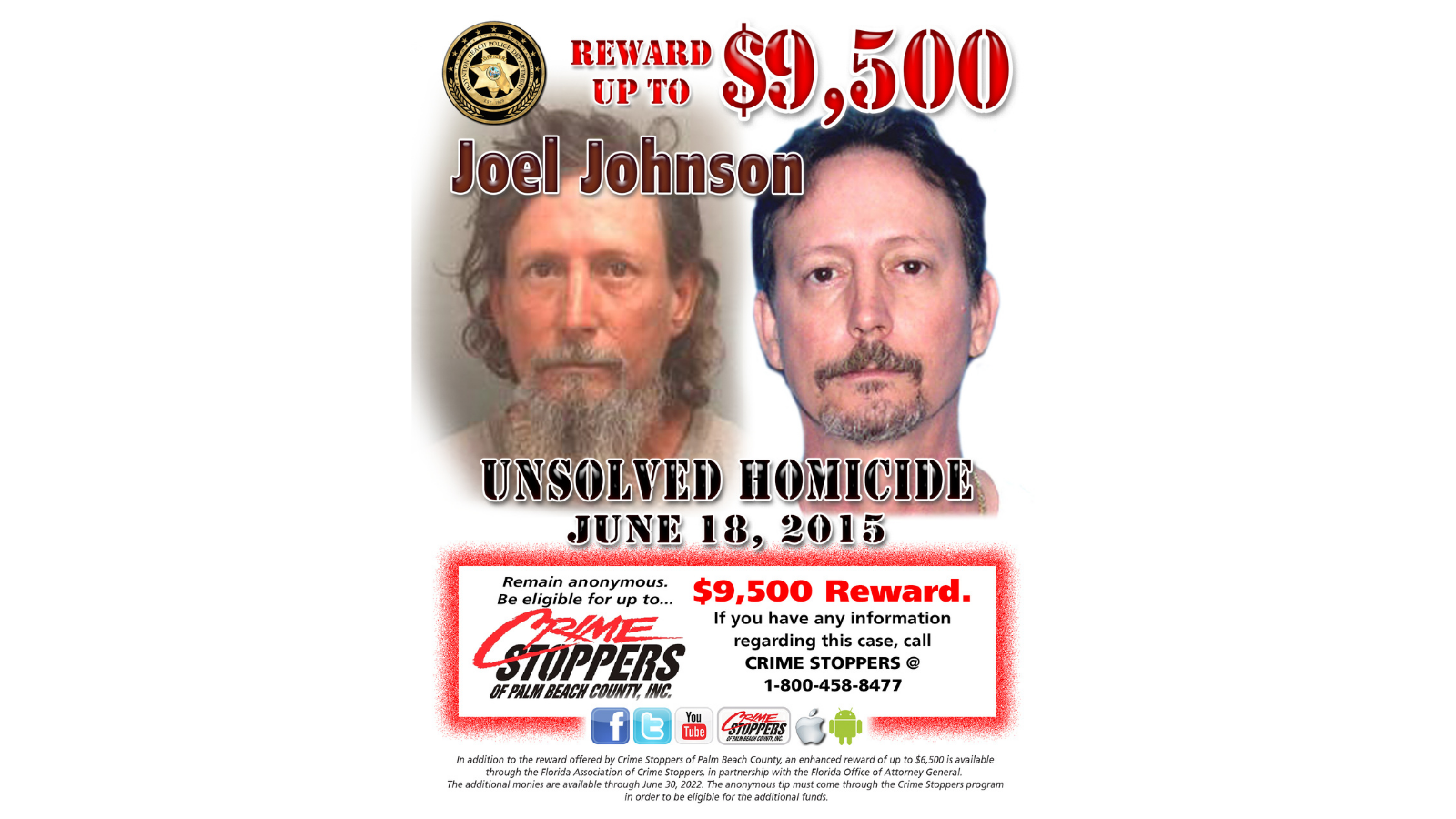 Two photos of Joel Johnson with phone number to crime stoppers of palm beach county and announcement of $9,500 reward for information about his murder on June 18, 2015.