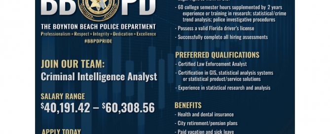 Announcement of job posting for criminal intelligence analyst.