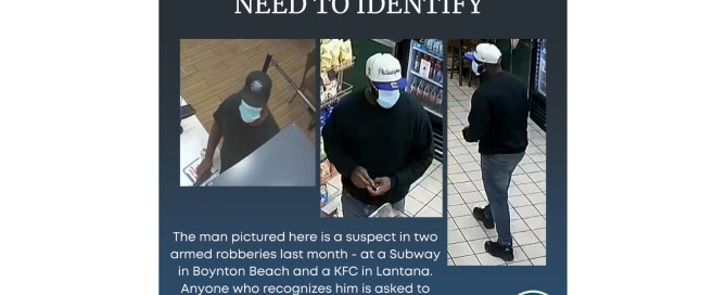 Three photos of a man wearing black shirt hat and mask who is wanted for armed robbery at two restaurants.