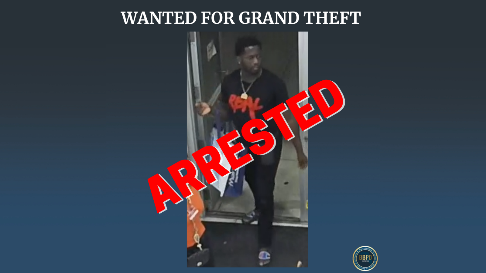 Announcement of arrest for grand theft